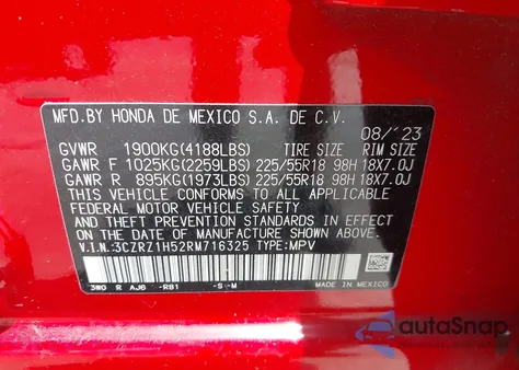 2024 Honda Hr-V 2Wd Sport/2Wd Sport W/O Bsi из США, поврежденный, VIN 3CZRZ1H52RM716325